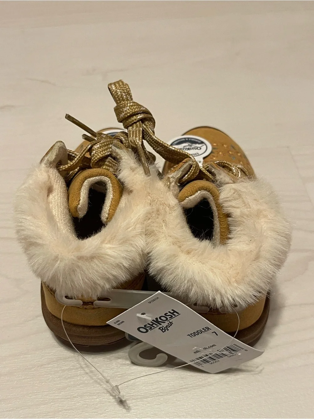 OshKosh B'gosh Tan Faux-Fur Lace-Up Toddler Boots with Embroidery